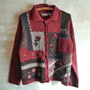 299a. dark red vintage patchwork floral embroidered knit cardigan sweater, M